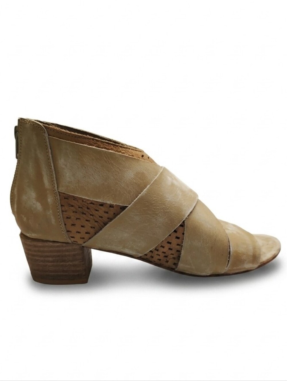 Free People Eclipse Distressed Crisscross Tan Leather Peep Toe Booties Size 8.5